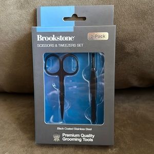 Brookstone Black Coated Stainless Steel Grooming Scissors and Tweezers Set